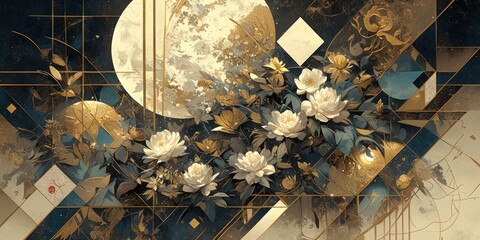 A large painting of geometric patterns with gold foil and gold leaf on the wall.