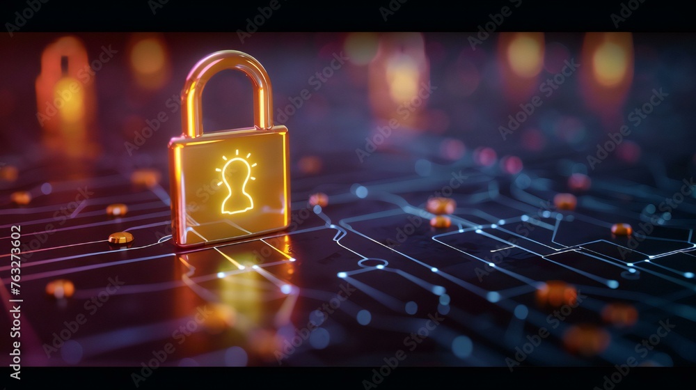 Poster a golden lock with a light on it is on a black background. the lock is surrounded by many small dots