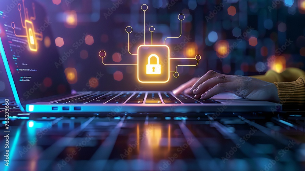 Poster a person is typing on a laptop with a security symbol on the screen. concept of protecting sensitive
