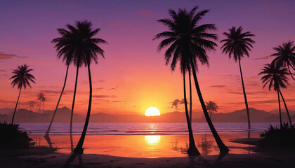 Sunset over the ocean with palm trees in retro colors. Generative AI.

 - obrazy, fototapety, plakaty