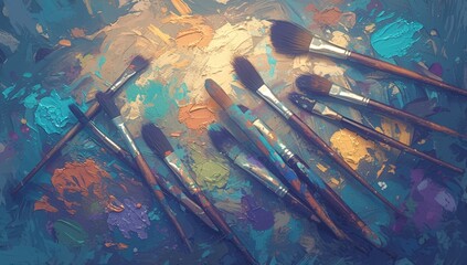 A collection of paintbrushes with various sizes and textures, arranged on an artist's palette surrounded by colorful paints and art supplies. 