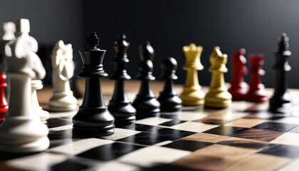 Chess pawns on a chessboard. The pawns are in various colors and styles, generative AI.

