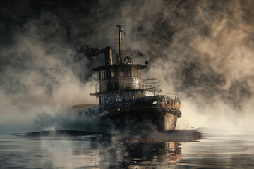 Mysterious Abandoned Ship Emerging from Misty Waters Banner - obrazy, fototapety, plakaty
