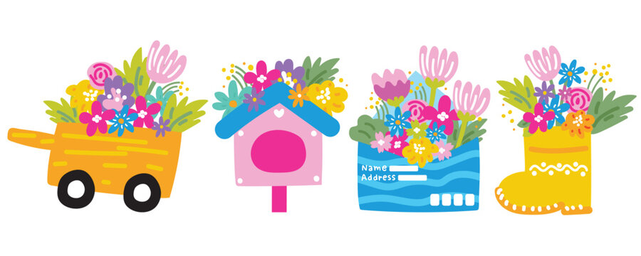 Set of cute various object with flower in line hand drawn.Spring.Flower.Blooming.Cart,bird house,paper mail,boots drawn design.Kawaii.Vector.Illustration.