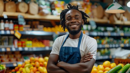 Portrait of an attractive smiling worker standing in a supermarket. Young male food store assistant vegetable and fruit retailer selective. - obrazy, fototapety, plakaty