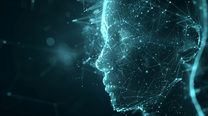 A 3D side profile of a human face represented in a sparkling mesh network, depicting concepts of big data and AI.
 - obrazy, fototapety, plakaty