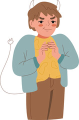 Angry little boy with sly smile and fantastic devil horns is thinking about committing meanness or deceiving classmates. Angry child wants revenge on school teacher, gave bad grade.