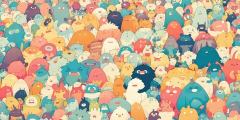 A colorful cartoon drawing depicting many different happy and sad monsters in a large crowd