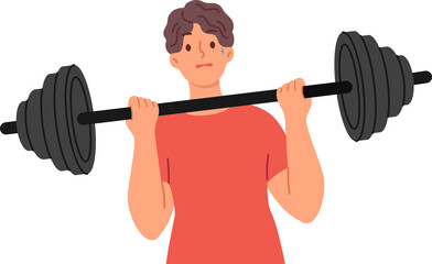 Weak man is doing fitness, trying to lift barbell to pump up big muscles and improve immunity. Tired guy doing sports exercise in gym, needs help of fitness trainer to achieve desired result