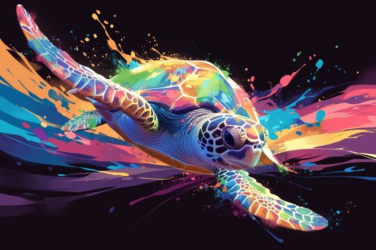 A colorful sea turtle with splash paint, vector illustration on a black background