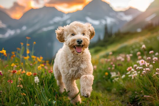 Dog in the mountains is running. Nature landscape poster with dog. 