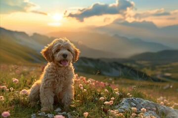 Dog in the mountains. Nature landscape poster with dog. 