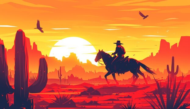 A cowboy riding on horseback across the desert, a vector illustration with brush strokes and a sunset sky behind him, 