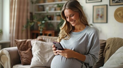 Healthy Pregnancy with Glucose Monitoring: Sporty Woman Tracking Blood Sugar on Smartphone App