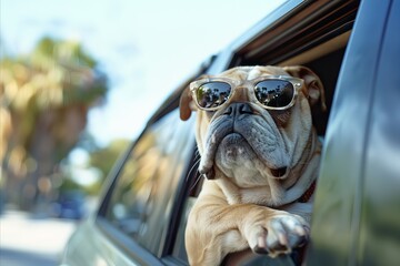 Cute bulldog dog with sunglasses in the car. Creative dog poster. 