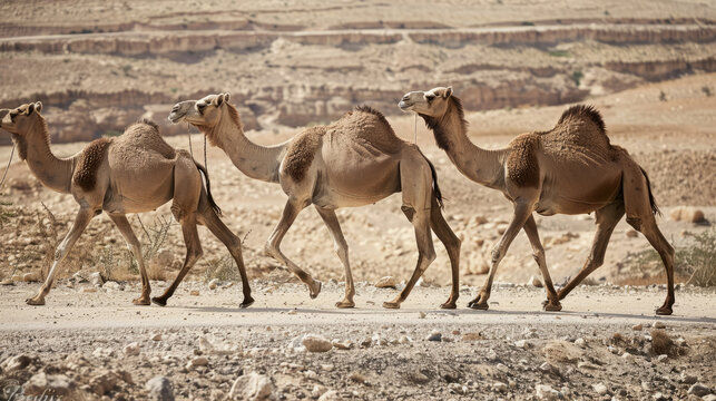 Camels walking in the middle of the desert