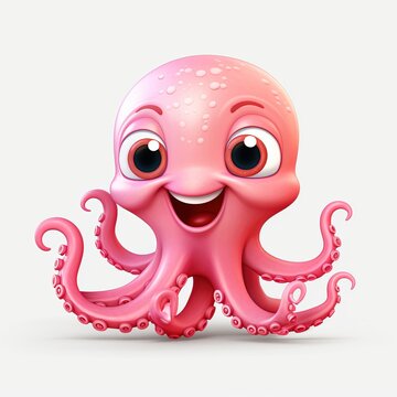  Happy pink Octopus smiling with big eyes on a white background. Concept picture, art, children's, drawing, copy space, holiday, kindergarten, child, postcard, banner, mockup.