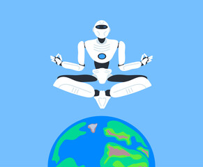 robot meditating and levitating over the earth planet vector illustration