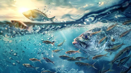 Foto op Canvas a group of small fish collaborating to corner and consume a solitary large fish, symbolizing the strength of collective effort and teamwork in achieving shared goals © Varunee