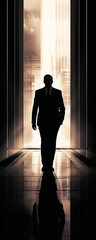 Fototapeta na wymiar Silhouette of a mysterious businessman walking in a modern hallway with a backlight, evoking themes of ambition, mystery, and business strategy