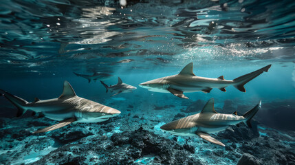 Four sharks are swimming under the ocean