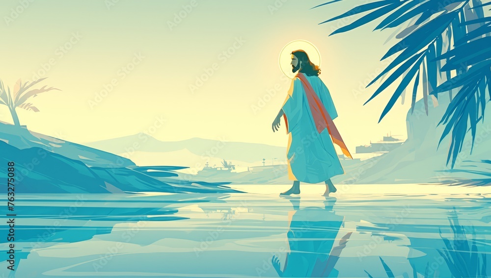 Wall mural a digital illustration of jesus walking on water