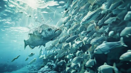  multiple smaller fish banding together to outmaneuver and prey upon a lone, larger fish, exemplifying the concept of strength in numbers and strategic collaboration in the underwater ecosystem - obrazy, fototapety, plakaty