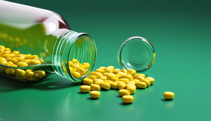 Yellow medical pills spill out of a bottle onto a green background. Generative AI.