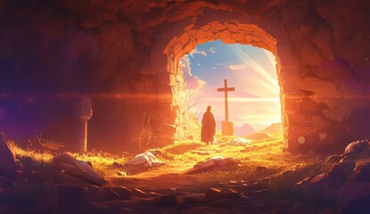 A digital painting of the empty tomb with Jesus' body in place - obrazy, fototapety, plakaty