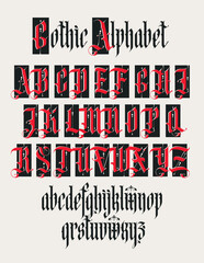 Gothic font. Full set of capital letters of the English alphabet in vintage style. Medieval Latin letters. Vector calligraphy and lettering. Suitable for tattoo, label, headline, poster, etc. - 763275238