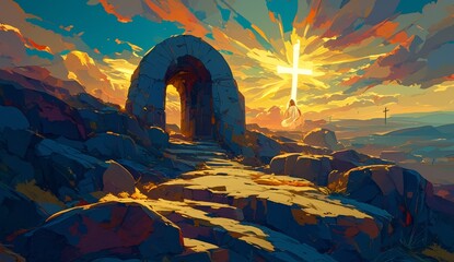 A digital painting of the empty tomb with Jesus' body pointing towards heaven, with an open stone door and light streaming in from outside. 