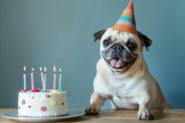 Happy small dog wearing birthday hat and celebrating with birthday cake next to him.
