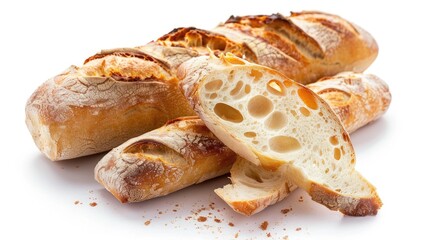 Image of delicious crispy artisan sourdough bread loaves in slice and round shape isolated over white background.