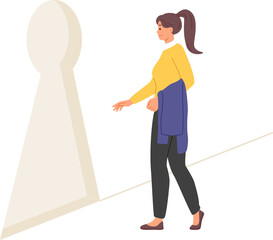 Woman found way out of difficult situation goes to giant keyhole in wall, as metaphor challenge. Girl boldly walks through unusual door, demonstrating willingness to accept challenge of fate