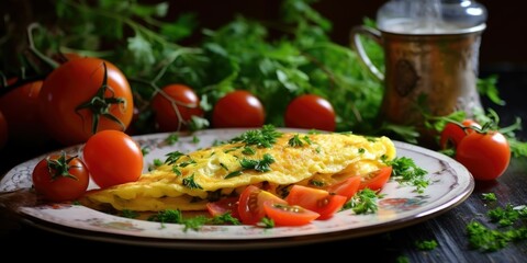 Omelet with parsley, cherry tomatoes, copy space