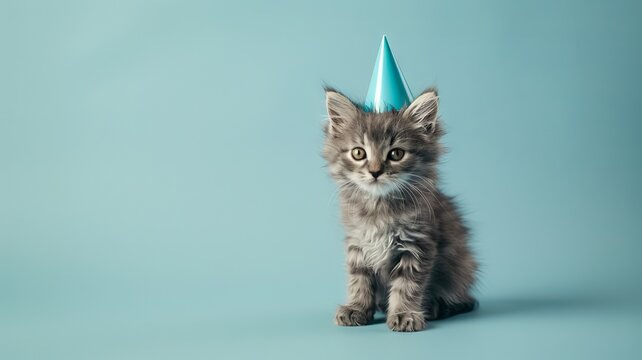 Cat celebrating with party hat. Creative animal poster. 