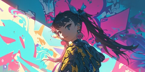 A girl stands in an anime-style illustration on the corridor of her school, wearing colorful fashion and graffiti art on the walls behind her. 