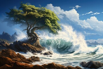 big tree in side of sea with crushing wave - obrazy, fototapety, plakaty