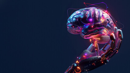 This striking image features a robot arm holding a brain that glows with neon lights, showing AI's edge