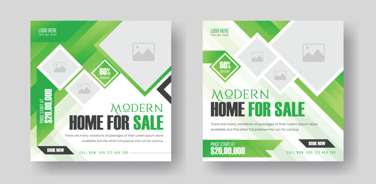 Creative real estate home social media square banner promotion design with green gradient color and elements.