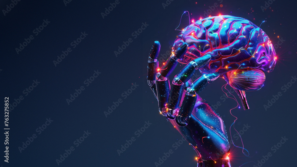 Poster a conceptual image highlighting a robot's hand touching a brain symbolizing the intersection of tech