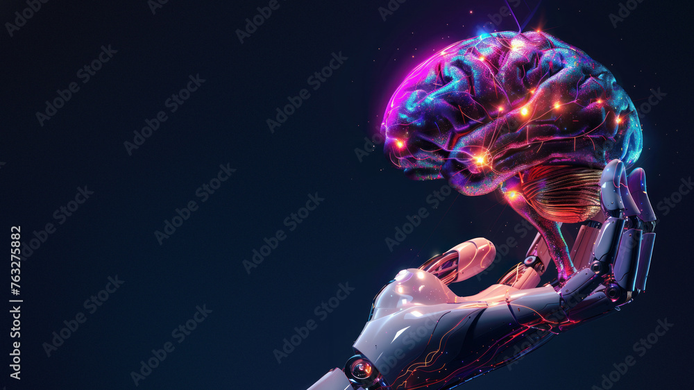 Poster a visually striking representation of ai and human intelligence with a robotic hand cradling an illu