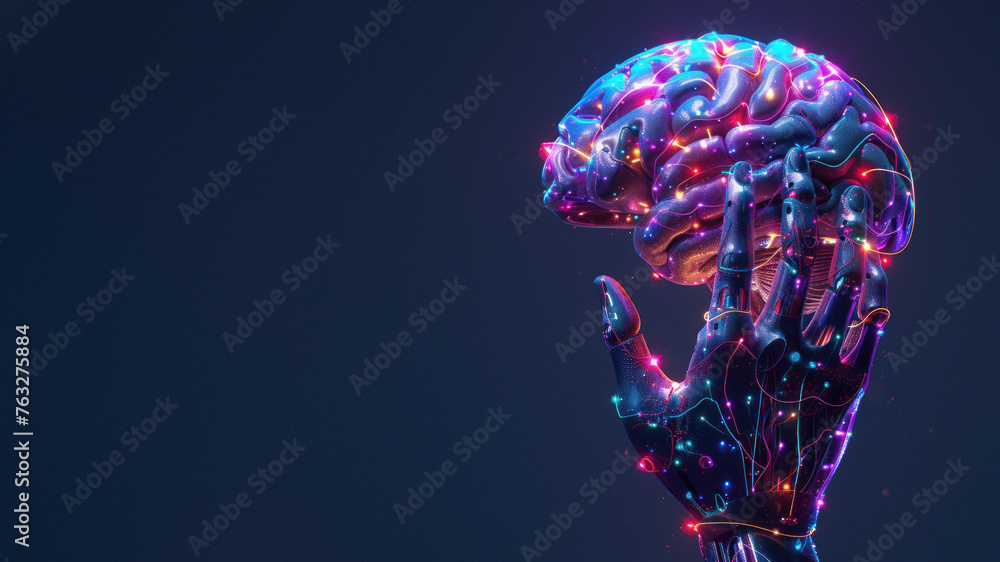 Poster an intricate depiction of a colorful brain illuminated atop a robotic arm against a dark backdrop