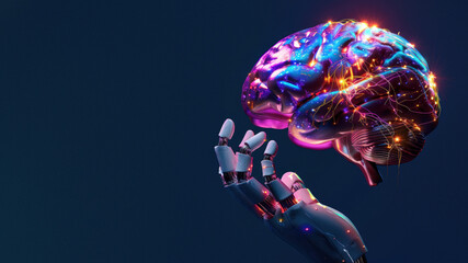 Robotic hand gently holds a neon-colored brain in a dark blue environment, reflecting concept of AI brainpower - 763275811