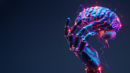 A conceptual image highlighting a robot's hand touching a brain symbolizing the intersection of technology and mind