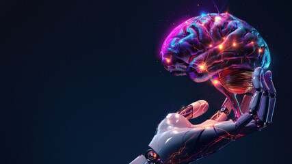 A visually striking representation of AI and human intelligence with a robotic hand cradling an illuminated brain