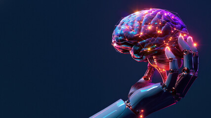 An artistically rendered robotic hand gently supports a brightly lit brain, evoking themes of AI and cognition