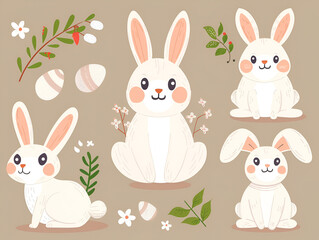 Cute bunny with Easter eggs and flowers set. Cartoon illustration. Set of drawings.