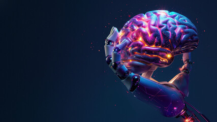 A robot arm loftily holds a brain bathed in neon light, representing AI and human thought fusion