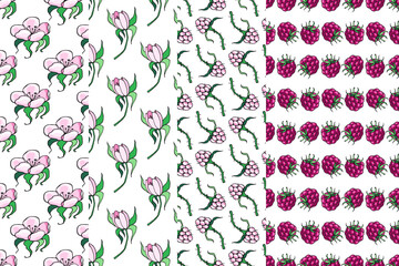 Raspberry and  pink flowers. Floral design. Set of seamless pattern. Vector illustration.